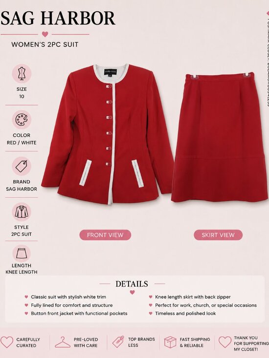 Sag Harbor Jackets & Blazers - Sag Harbor Women's 2Pc Jacket & Skirt Suit Red w/White Trim, Sz 10, Lined, Chic
